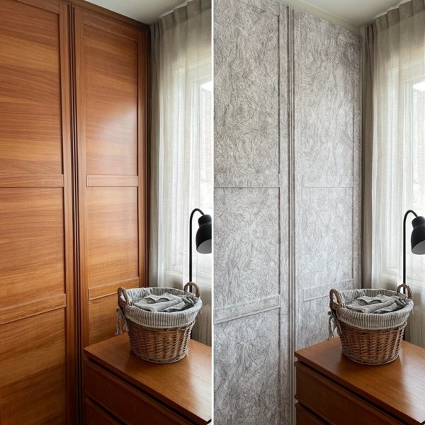 Armoire rénovée avec revêtement textile gris